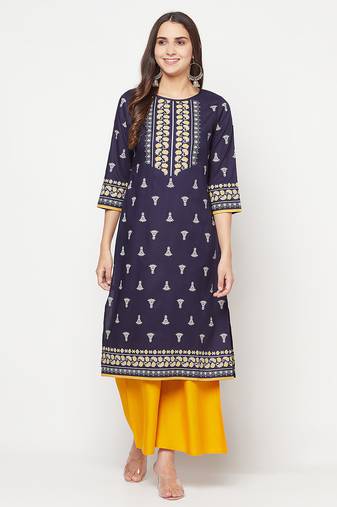 rayon screen print straight kurta navy blue