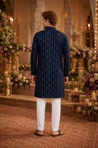 Blue embroidered cotton straight kurta