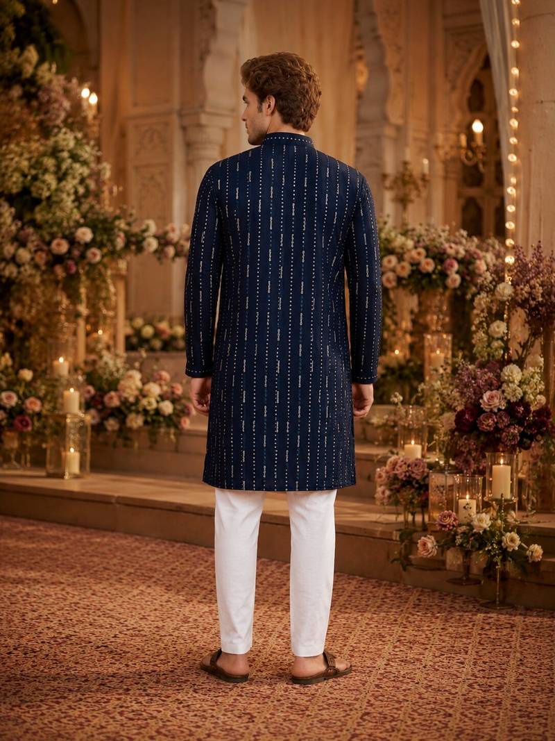 Blue embroidered cotton straight kurta