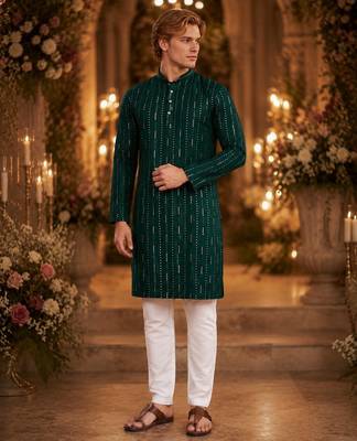 Green embroidered cotton straight kurta 1