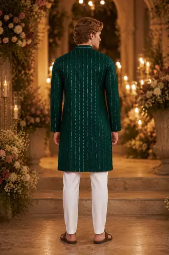 Green embroidered cotton straight kurta
