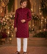 Maroon embroidered cotton straight kurta