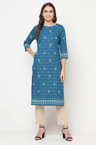 rayon digital screen print straight kurta blue
