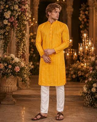Yellow embroidered cotton straight kurta 1