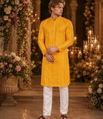 Yellow embroidered cotton straight kurta