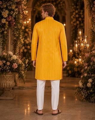 Yellow embroidered cotton straight kurta 2
