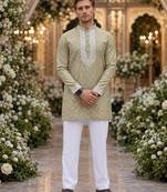 Beige embroidered silk straight kurta
