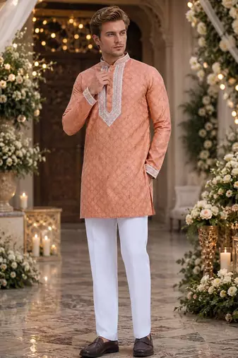 Orange embroidered silk straight kurta