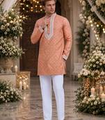 Orange embroidered silk straight kurta