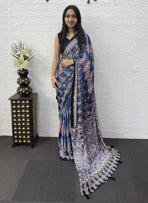 Blue Color Mirror Work Satin Saree 1