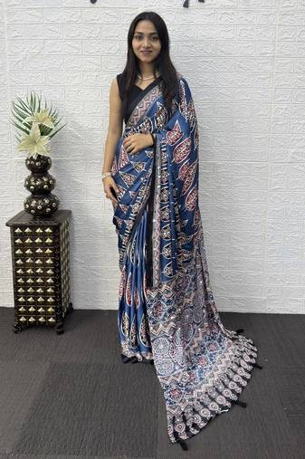 Blue Mirror Work Satin Saree