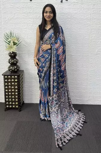 Blue Color Mirror Work Satin Saree