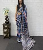 Blue Color Mirror Work Satin Saree