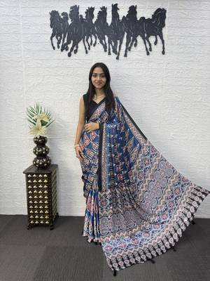 Blue Color Mirror Work Satin Saree 2