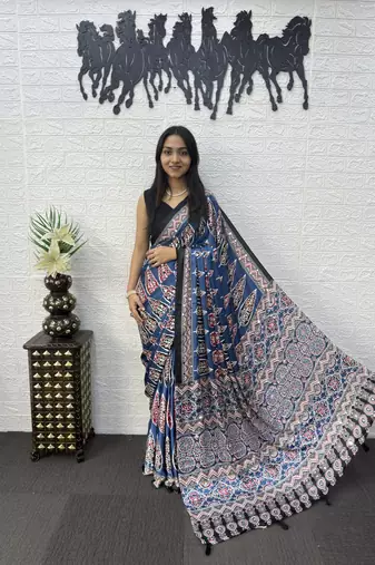 Blue Color Mirror Work Satin Saree