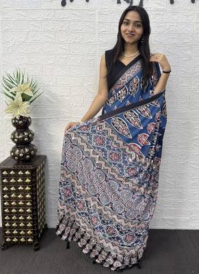 Blue Color Mirror Work Satin Saree 3