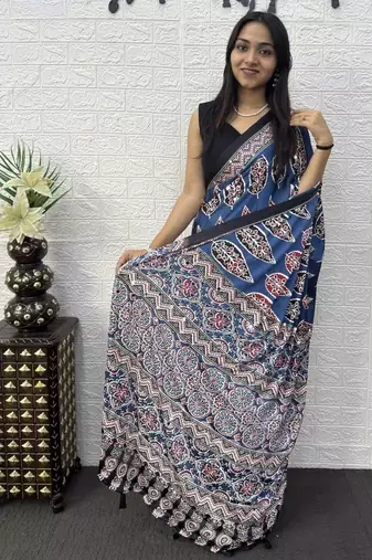 Blue Color Mirror Work Satin Saree