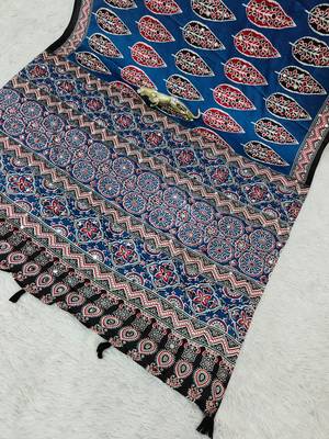 Blue Color Mirror Work Satin Saree 4