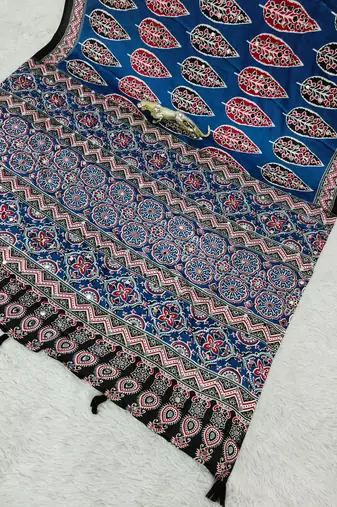 Blue Color Mirror Work Satin Saree