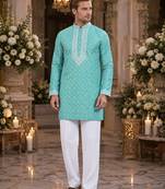 Sky embroidered silk straight kurta