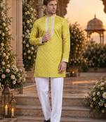 Yellow embroidered silk straight kurta