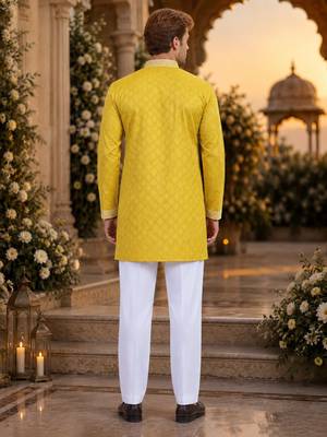 Yellow embroidered silk straight kurta 2