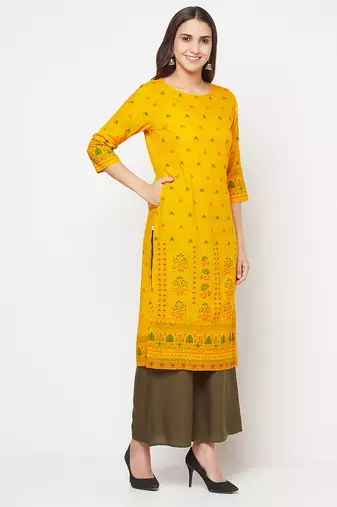 rayon screen print straight kurta,mustard,(s,m,l,xl,2xl,3xl)