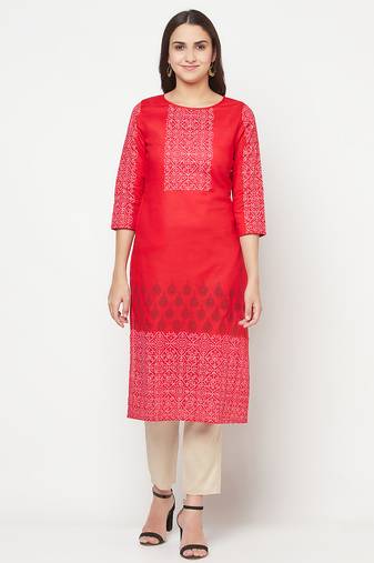 cotton block print straight kurta,red,(s,m,l,xl,2xl,3xl)