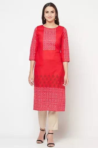 cotton block print straight kurta,red,(s,m,l,xl,2xl,3xl)