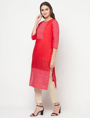 cotton block print straight kurta,red,(s,m,l,xl,2xl,3xl) 2