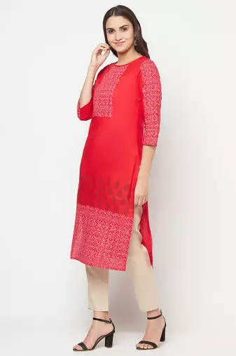 cotton block print straight kurta,red,(s,m,l,xl,2xl,3xl)