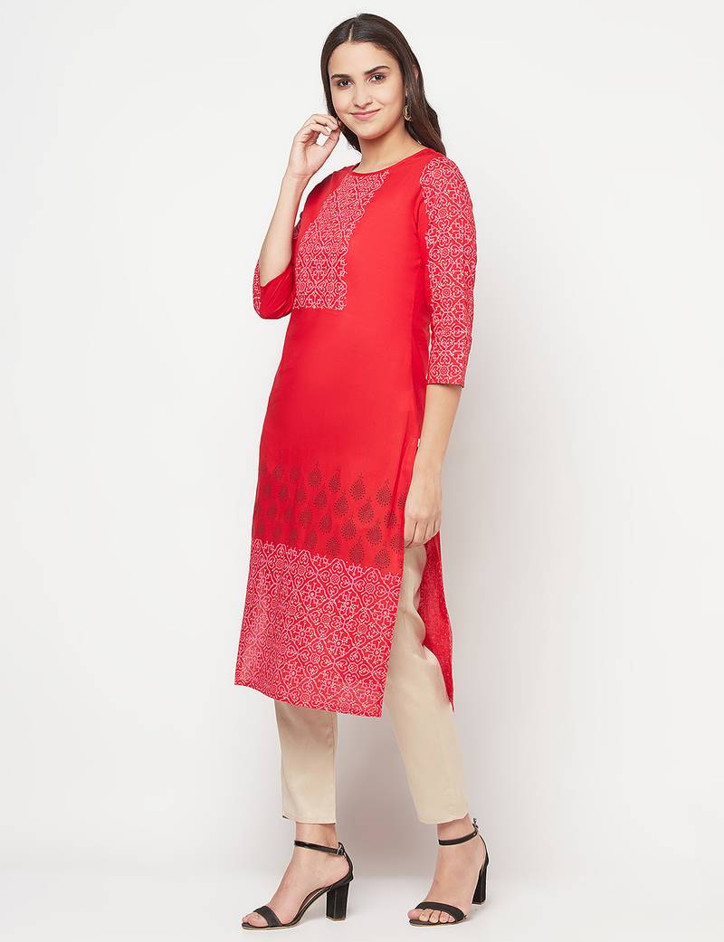 cotton block print straight kurta,red,(s,m,l,xl,2xl,3xl)