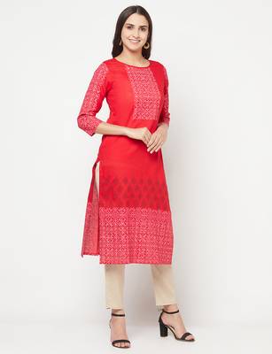 cotton block print straight kurta,red,(s,m,l,xl,2xl,3xl) 3