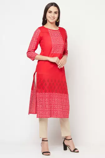 cotton block print straight kurta,red,(s,m,l,xl,2xl,3xl)
