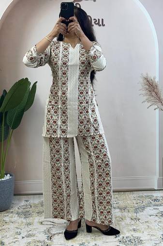 Cream floral printed cotton kurta and palazzo co-ord set for women