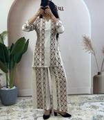 Cream floral printed cotton kurta and palazzo co-ord set for women