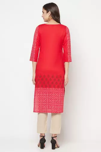 cotton block print straight kurta,red,(s,m,l,xl,2xl,3xl)
