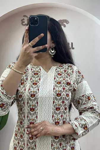 Cream floral printed cotton kurta and palazzo co-ord set for women