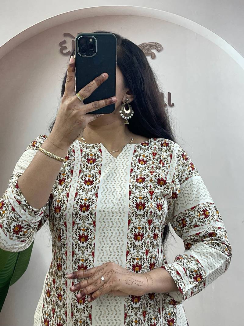 Cream floral printed cotton kurta and palazzo co-ord set for women