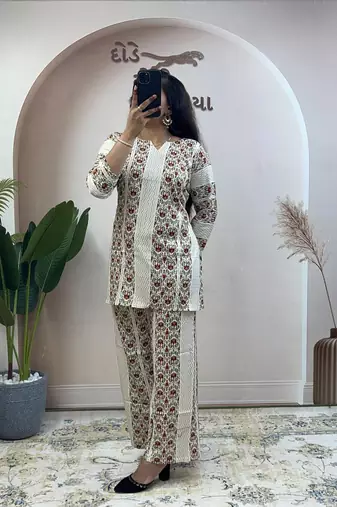 Cream floral printed cotton kurta and palazzo co-ord set for women