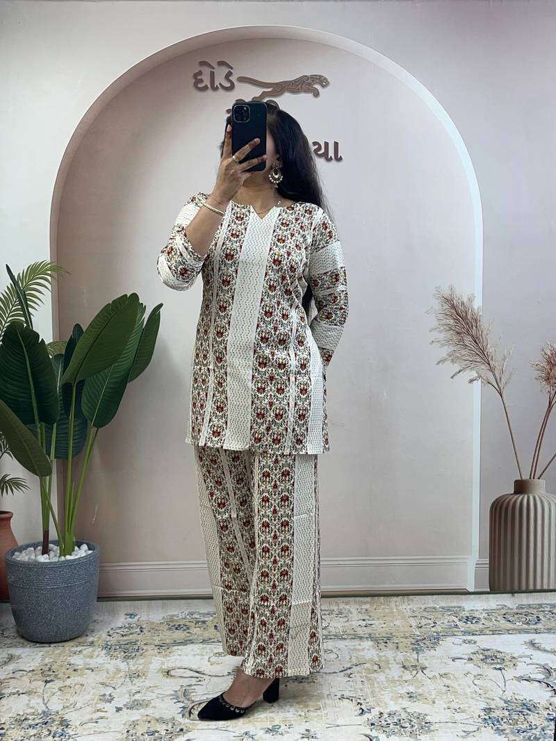 Cream floral printed cotton kurta and palazzo co-ord set for women