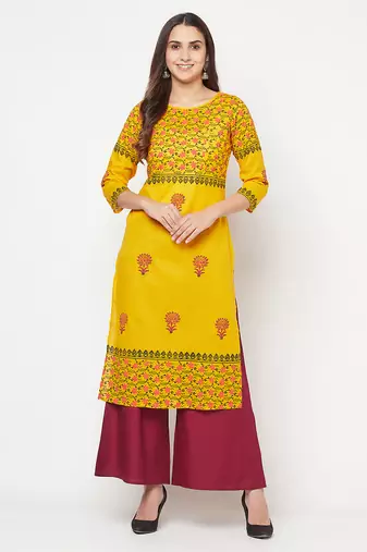cotton block print straight kurta,mustard,(s,m,l,xl,2xl,3xl)