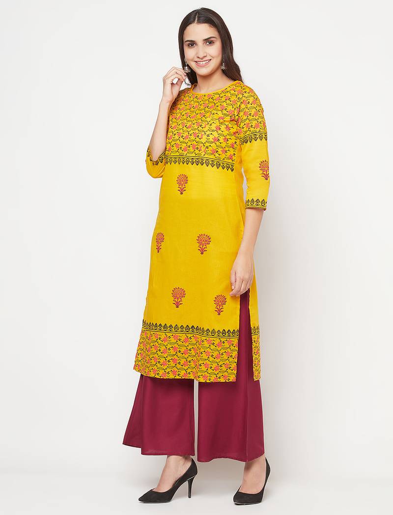 cotton block print straight kurta,mustard,(s,m,l,xl,2xl,3xl)