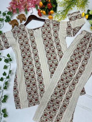 Cream floral printed cotton kurta and palazzo co-ord set for women 4