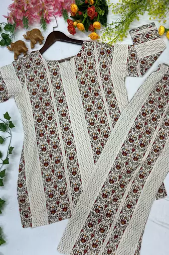 Cream floral printed cotton kurta and palazzo co-ord set for women