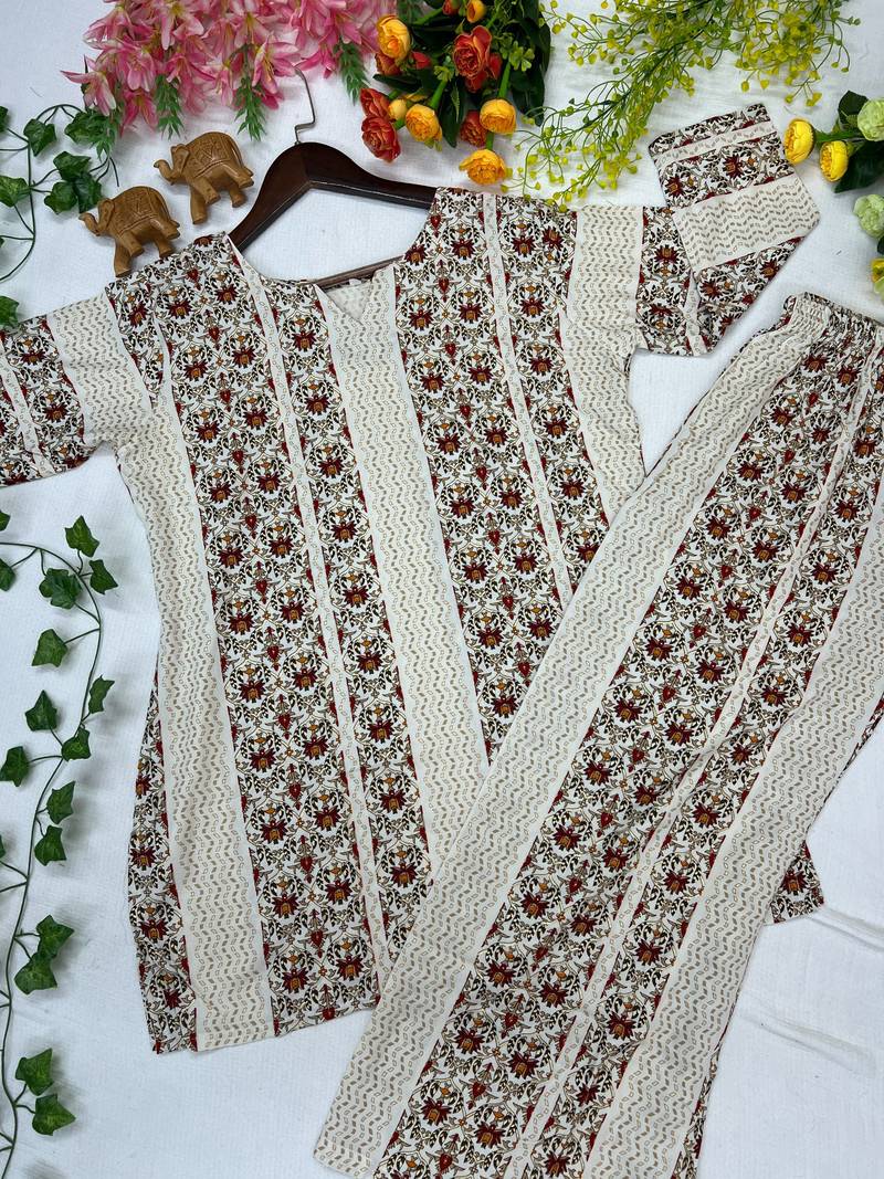 Cream floral printed cotton kurta and palazzo co-ord set for women