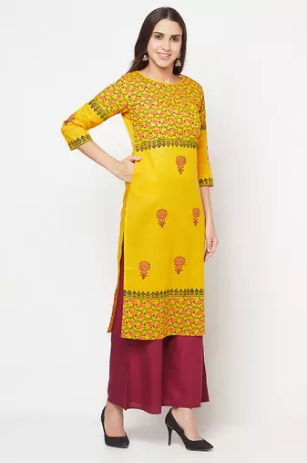 cotton block print straight kurta,mustard,(s,m,l,xl,2xl,3xl)