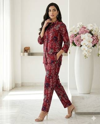 Women's maroon floral print western style shirt tunic with trouser co-ord set 1