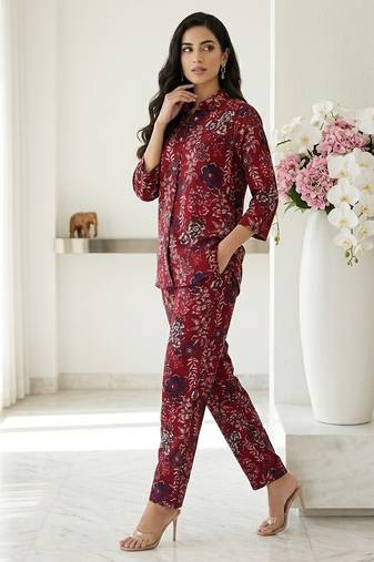 Women's maroon floral print western style shirt tunic with trouser co-ord set