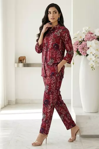 Women's maroon floral print western style shirt tunic with trouser co-ord set